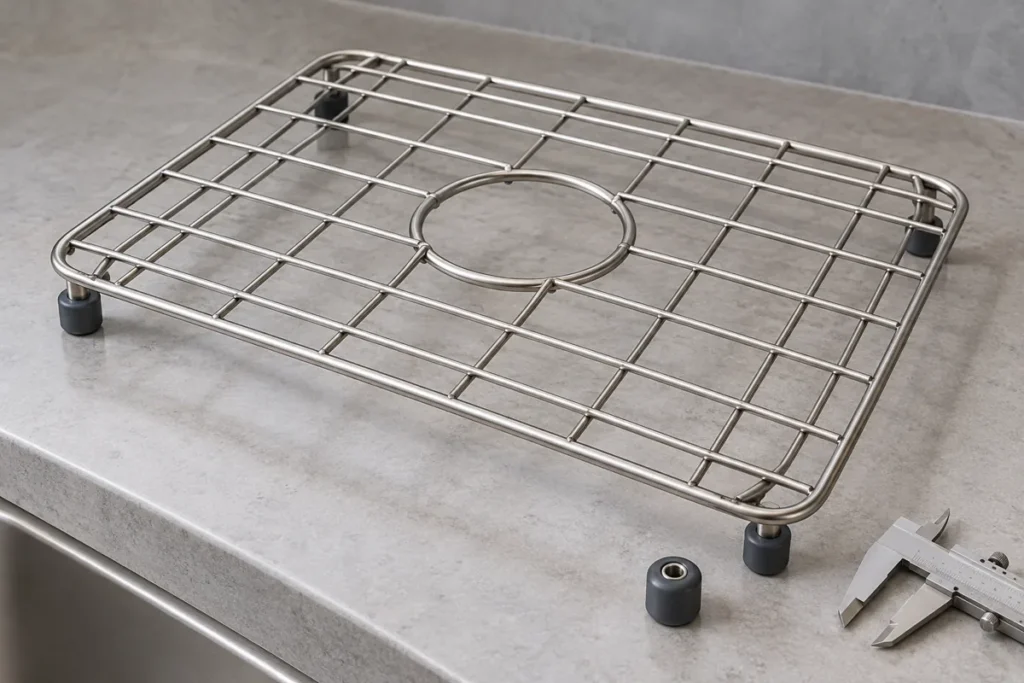 Stainless sink grid with replaceable rubber feet and a spare component for fit review