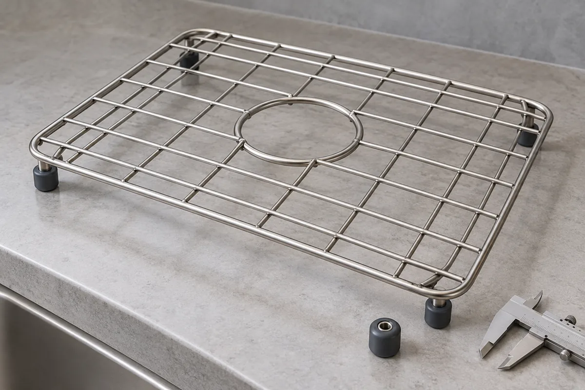 Stainless sink grid with replaceable rubber feet and a spare component for fit review