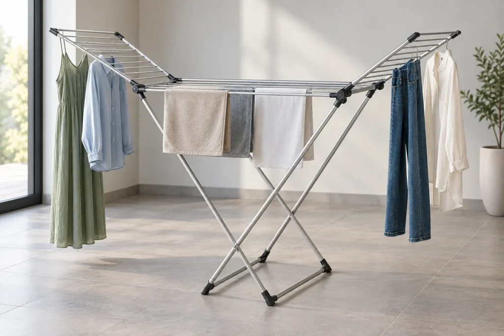 Adjustable-wing metal drying rack shown with long garments and visible lower clearance