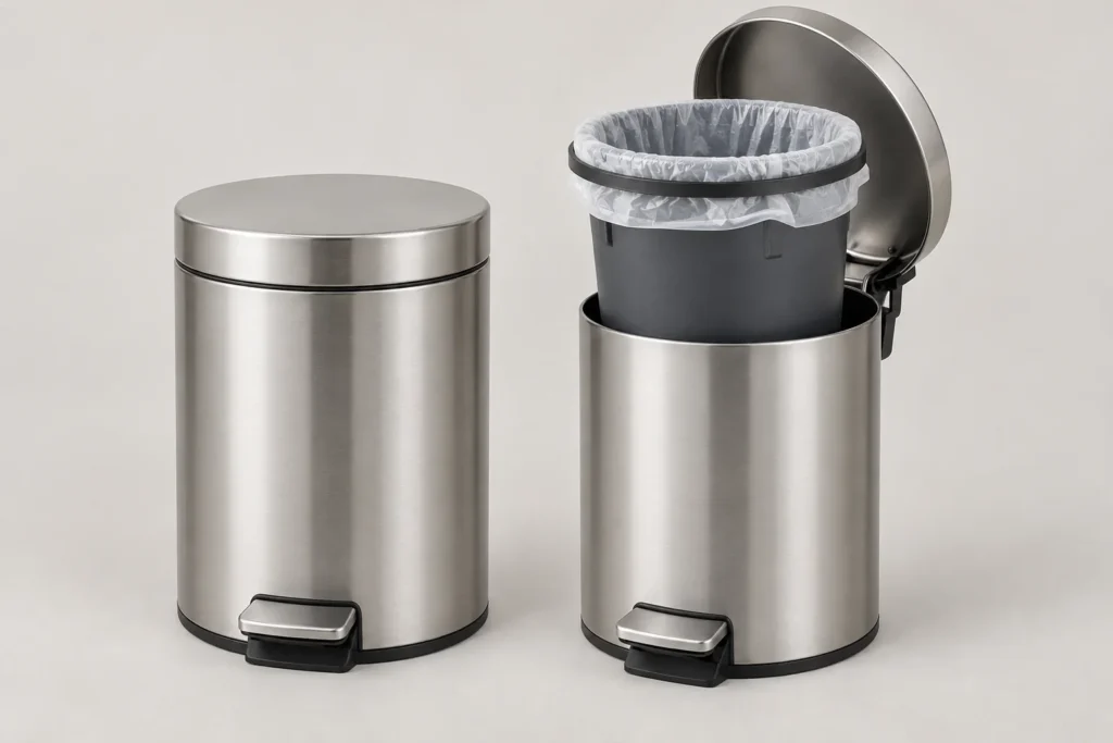 Generic metal bathroom bin showing a removable inner bucket and retained liner.