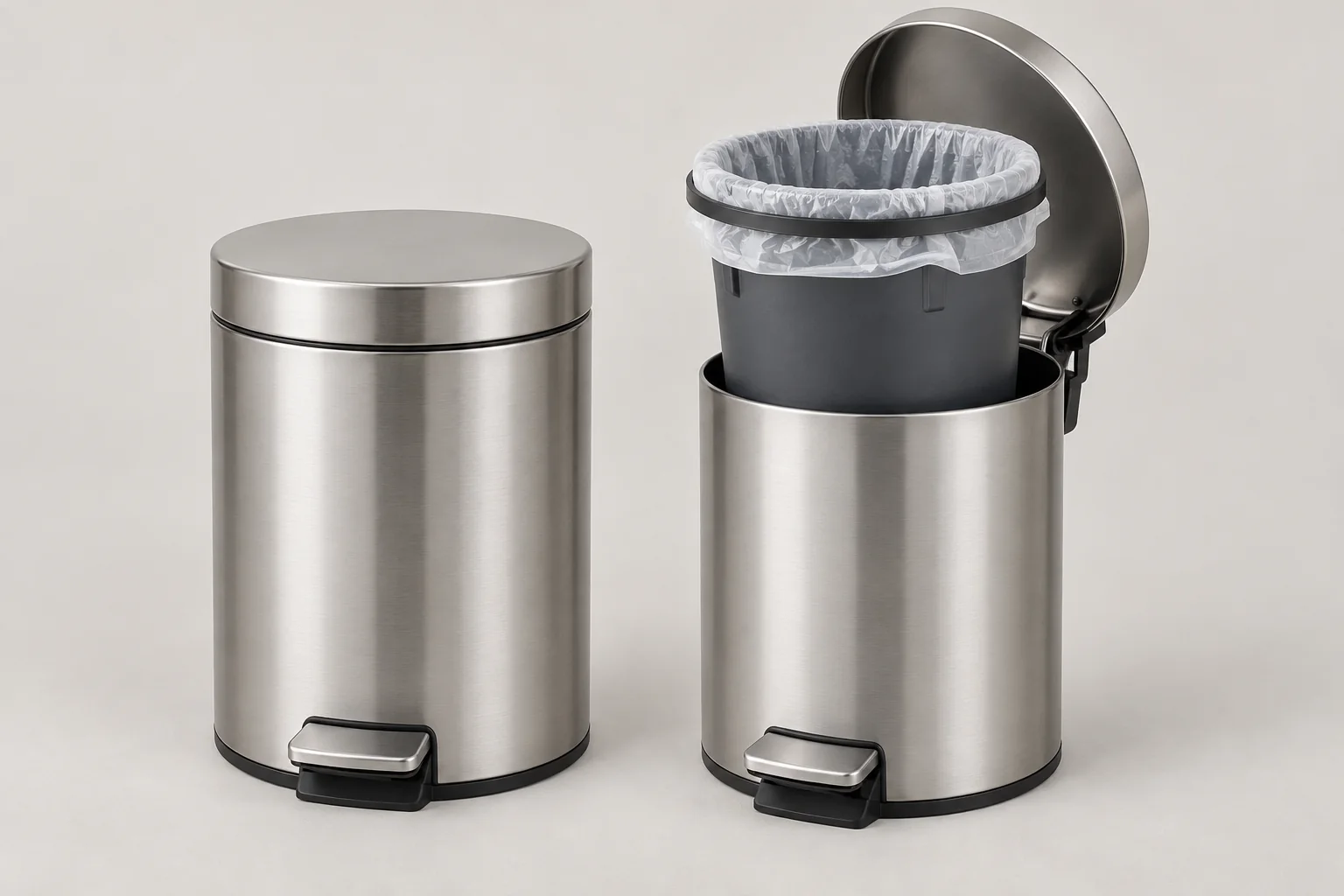 Generic metal bathroom bin showing a removable inner bucket and retained liner.