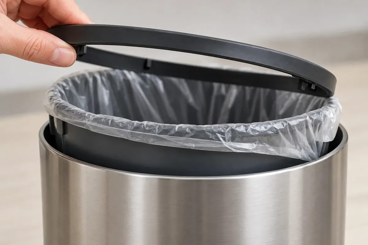 Close view of a bathroom-bin liner folded over a removable bucket rim beneath a retention ring