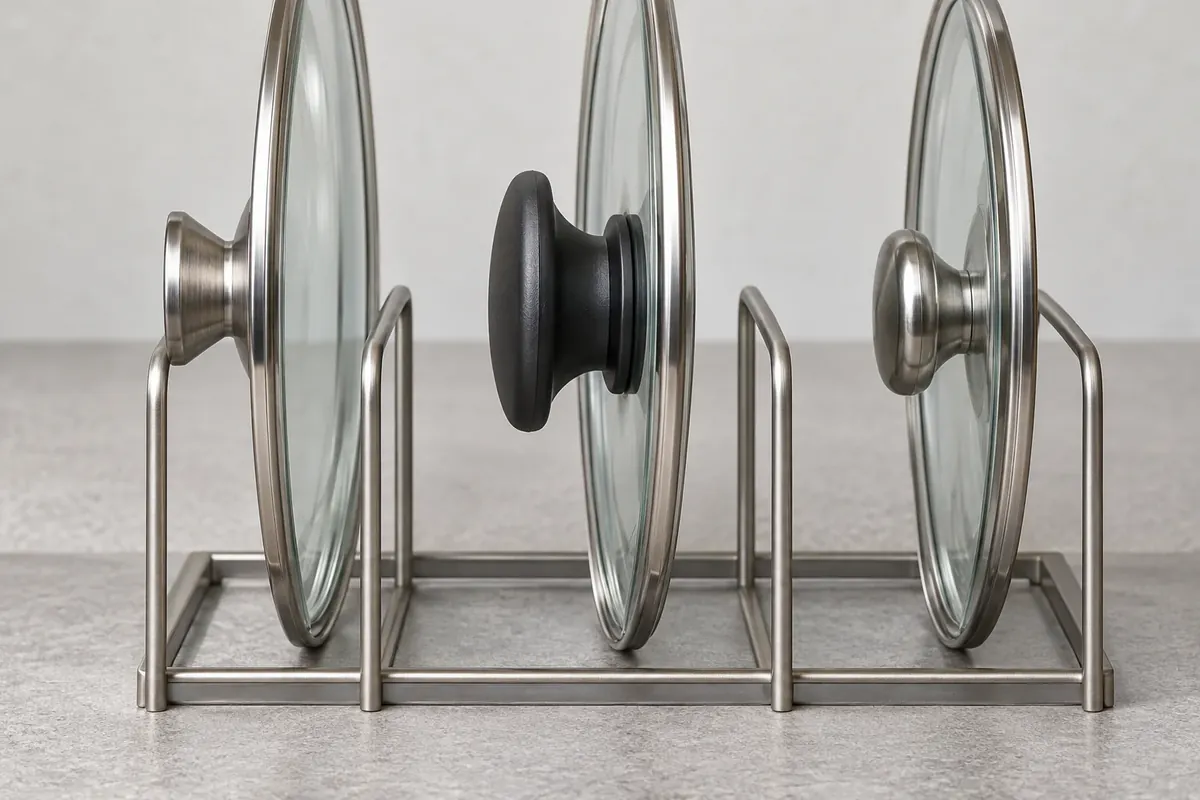 Pot-lid knobs and rims positioned between adjacent metal rack dividers