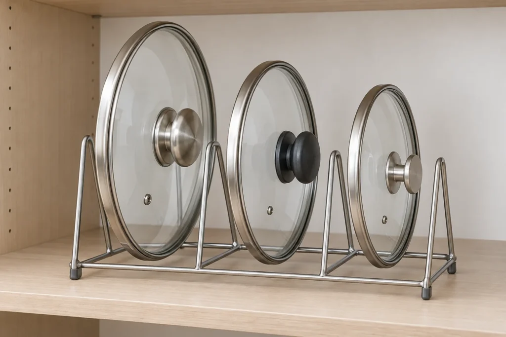 Generic metal pot-lid rack holding glass lids with different knob shapes.