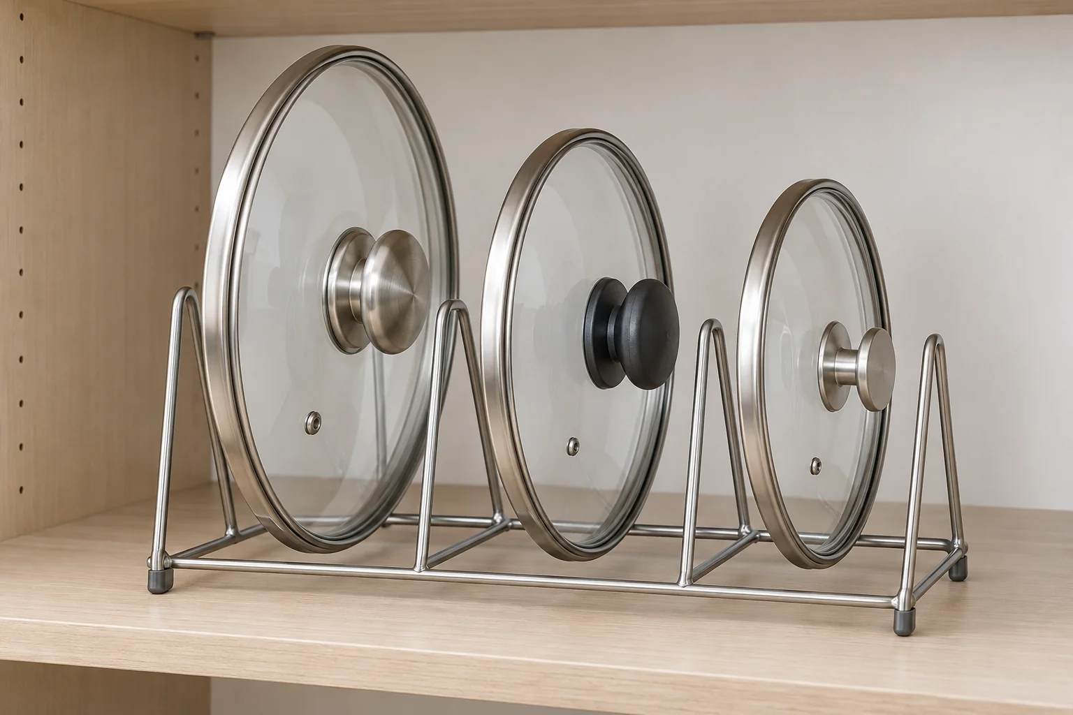 Generic metal pot-lid rack holding glass lids with different knob shapes.