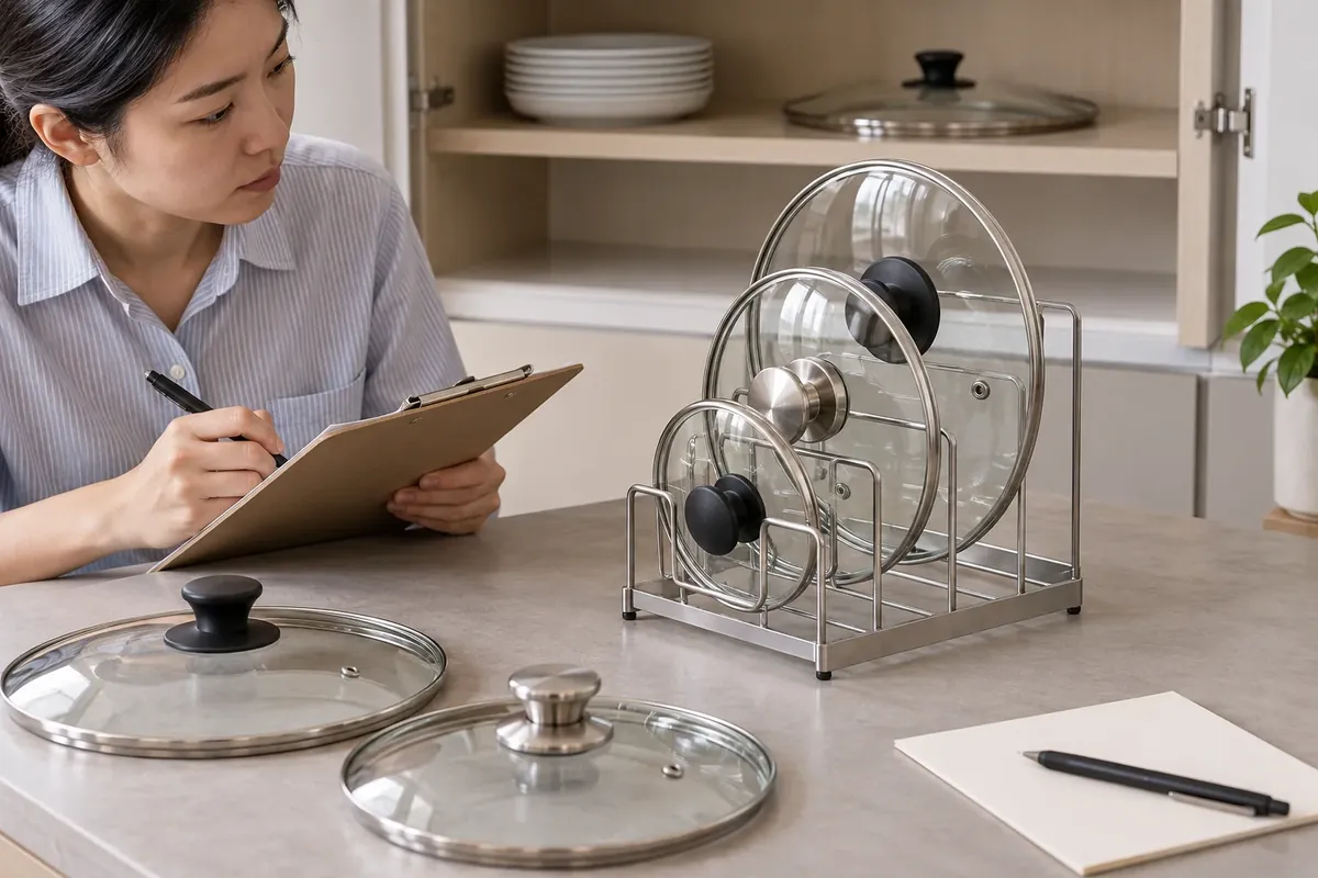 Buyer reviewing mixed pot-lid fit and cabinet clearance for an OEM rack sample