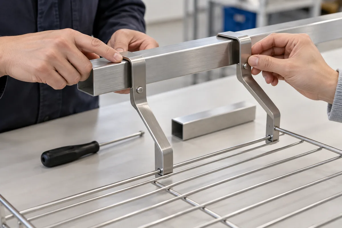 Two matching metal hanger arms seated over a sample rail during contact-profile review