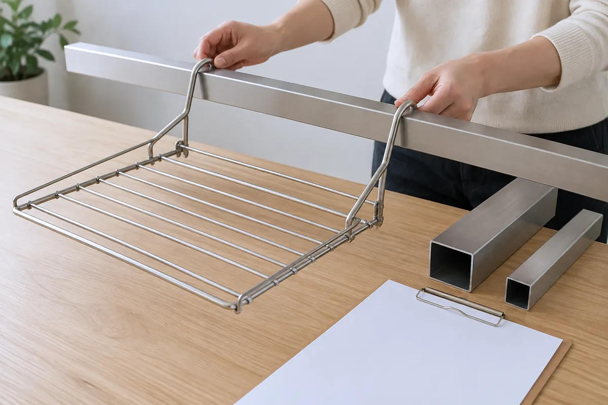 Buyer reviewing a generic two-arm drying rack against support samples of different thicknesses