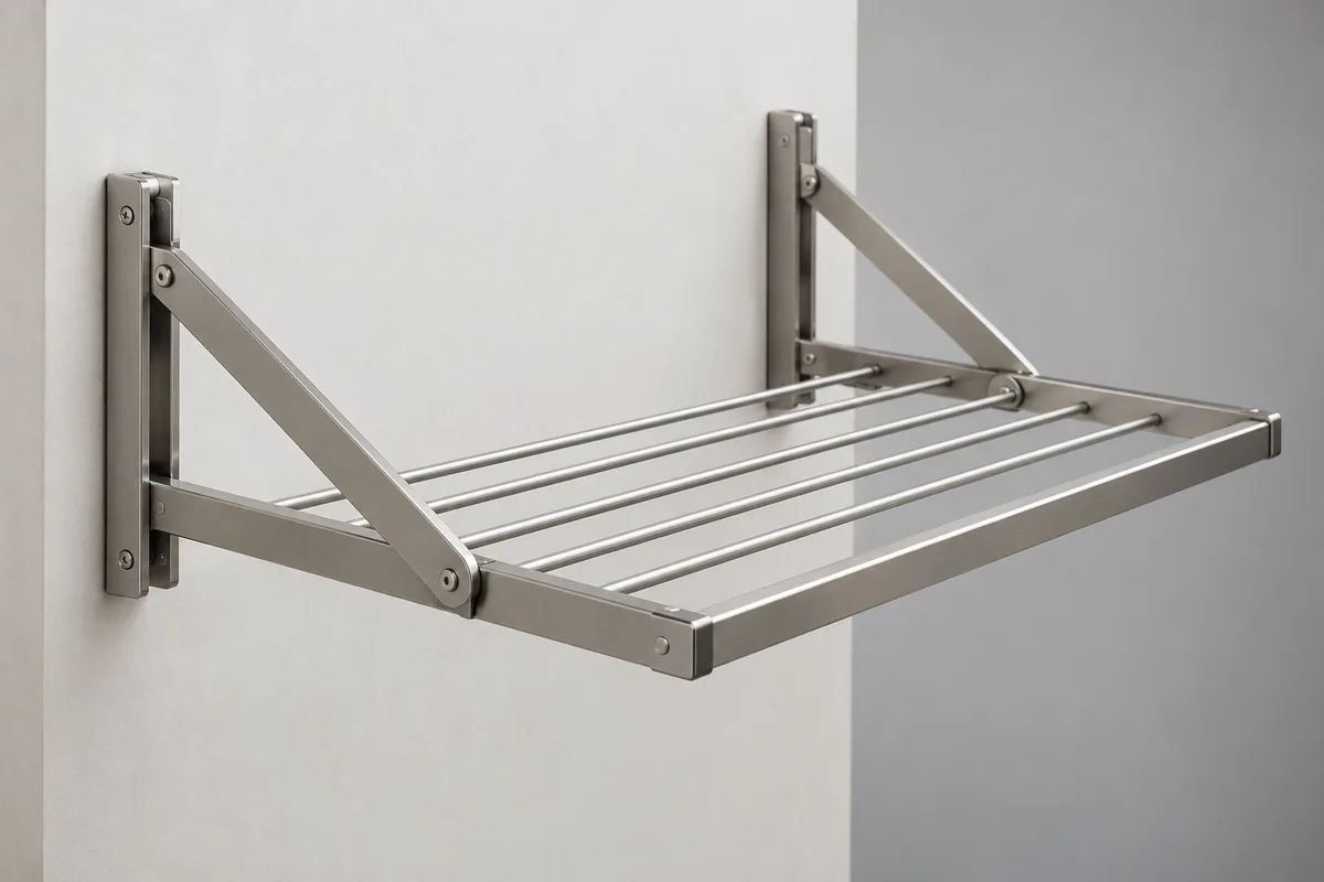 Generic wall-mounted folding drying rack shown extended from a sample wall