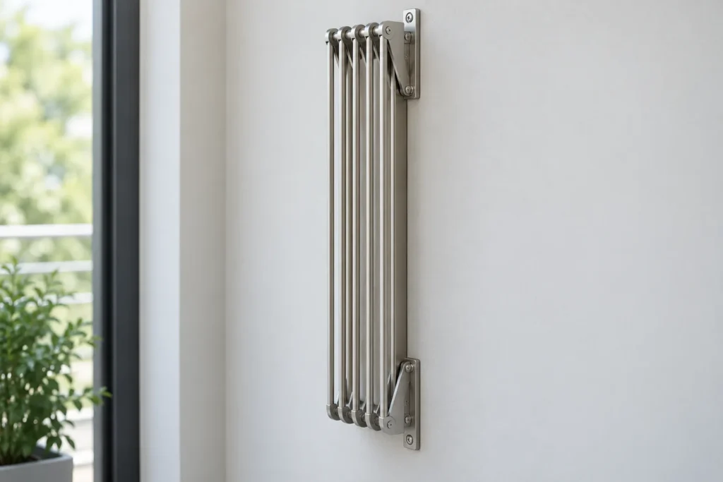 Generic wall-mounted folding drying rack fully stowed against a sample wall.