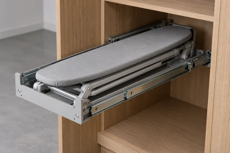 Generic pull-out ironing-board module shown fitted inside an open cabinet.