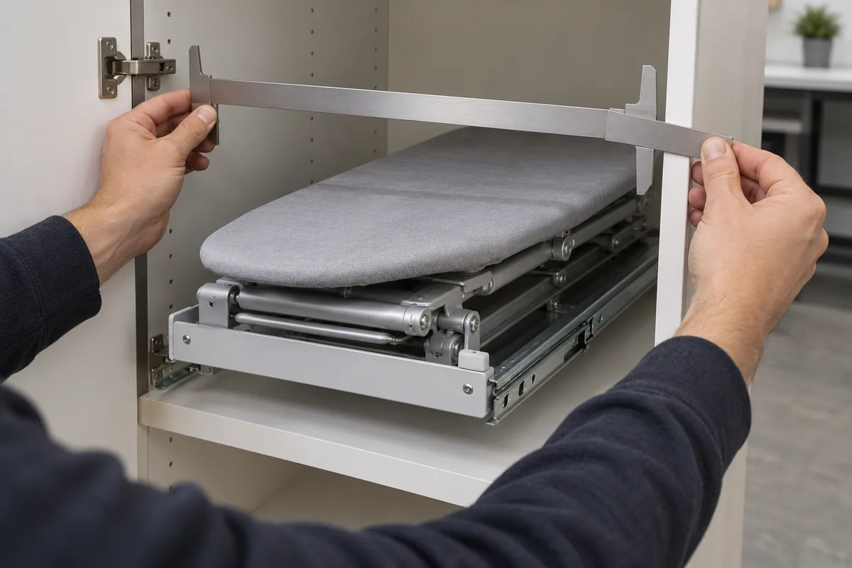 Unmarked gauge checking cabinet opening around a folded pull-out ironing-board module