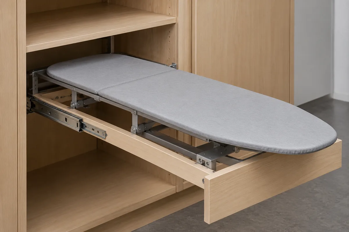 Generic pull-out ironing-board module shown extended from a cabinet mock-up