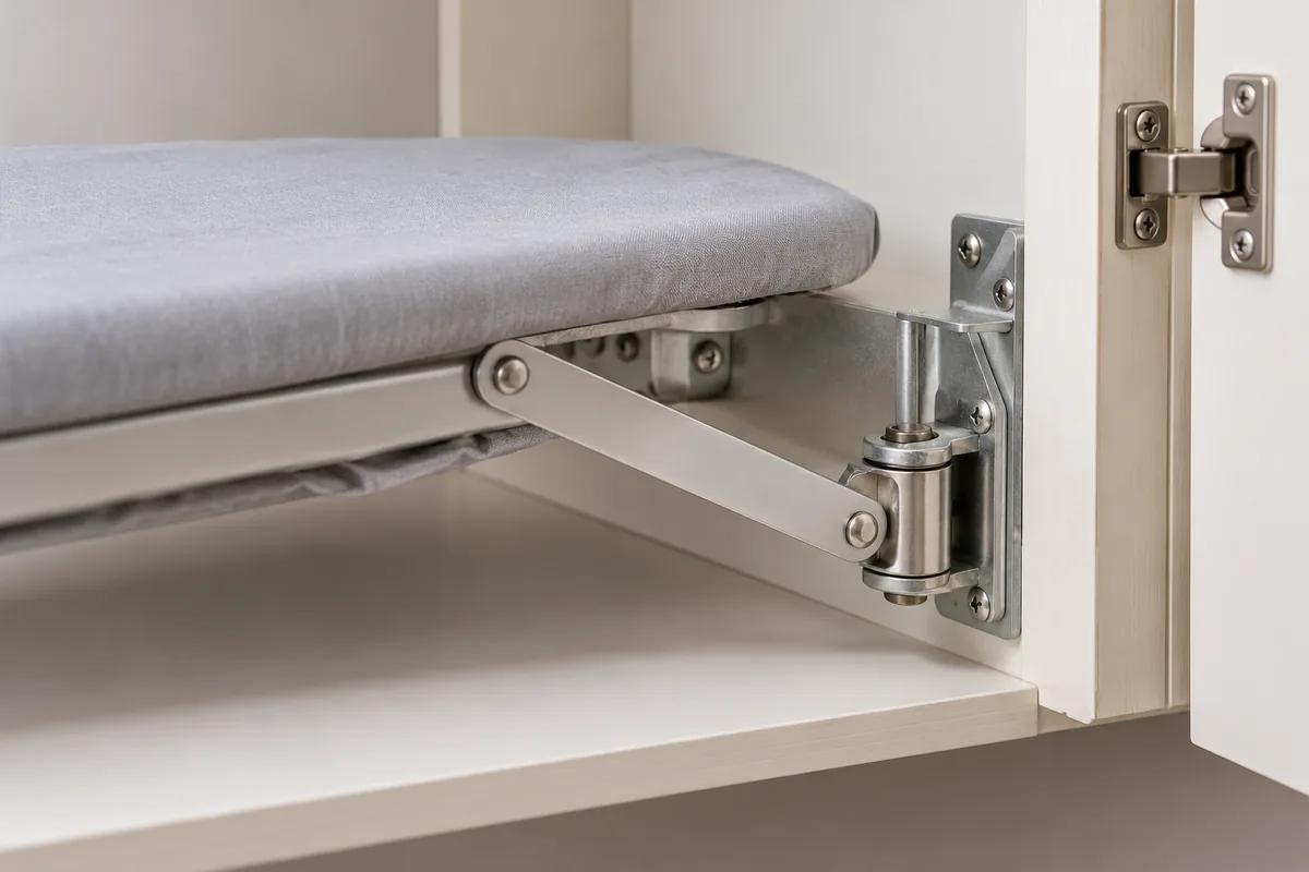 Generic lowered wall-mounted ironing board checked beside its open cabinet door