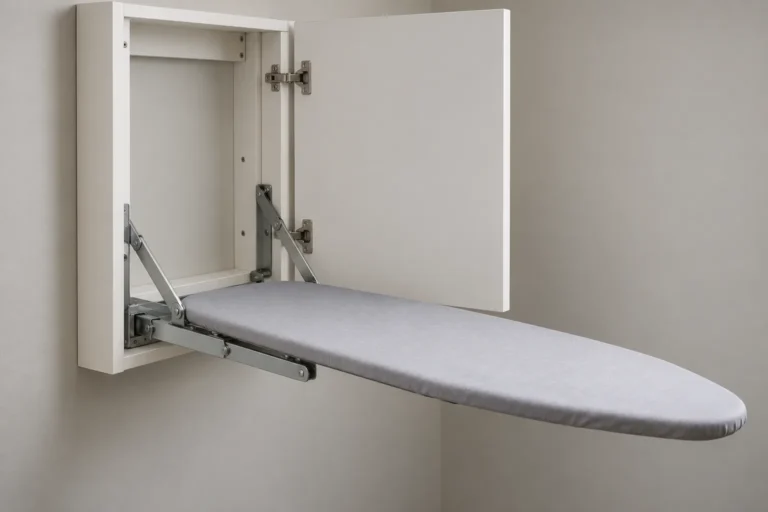 Generic wall-cabinet ironing board shown lowered beside its mounting enclosure.