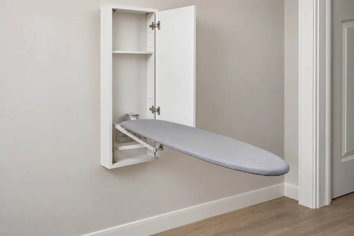 Generic wall-cabinet ironing board lowered beside a cabinet to review rotation clearance