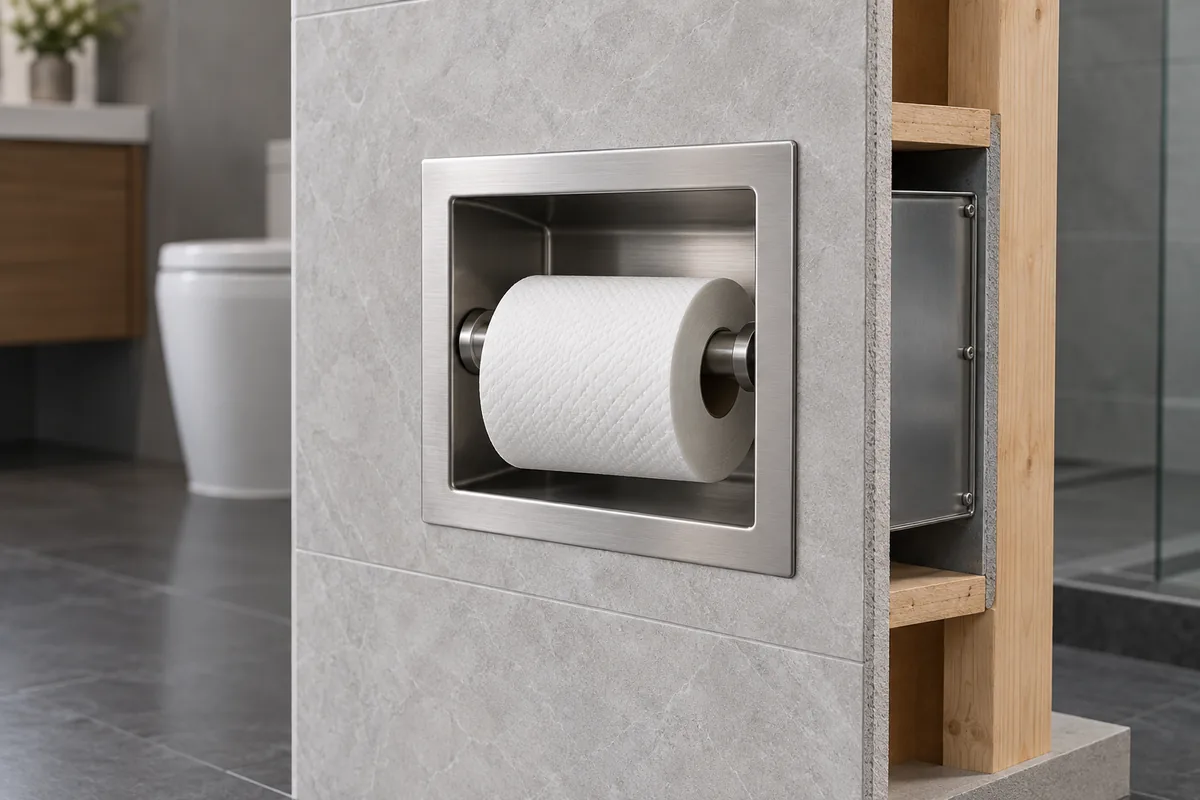 Recessed metal toilet paper holder in a wall mock-up showing the face flange and cavity