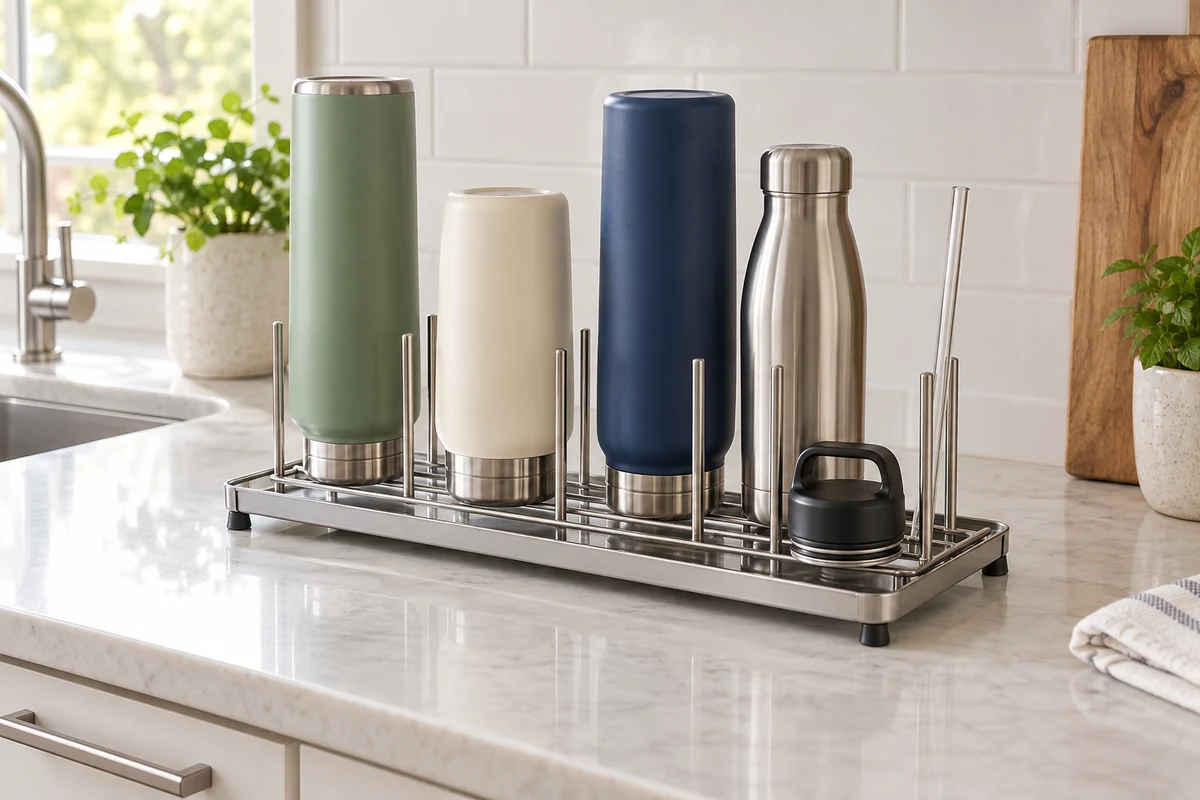 Conceptual metal bottle drying rack holding reusable bottles of varied sizes with a separate lid tray