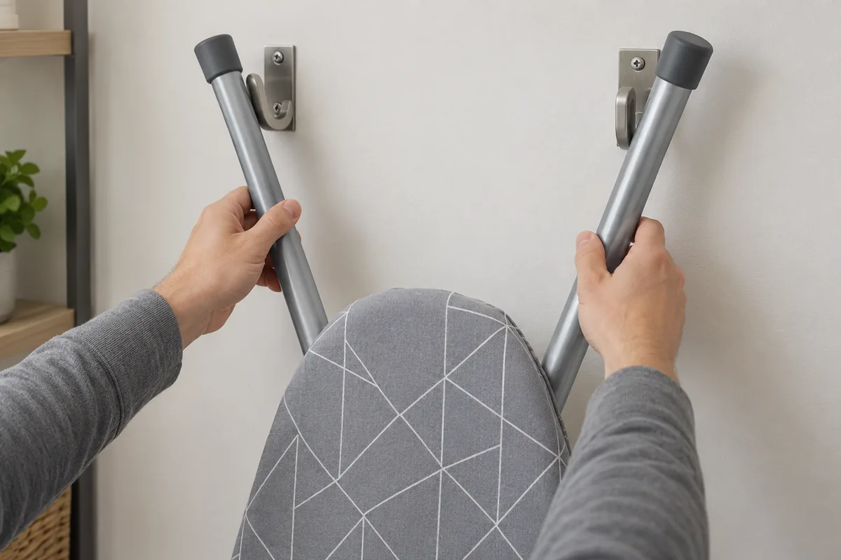 Hands positioning two folded ironing-board legs onto separate wall hanger hooks