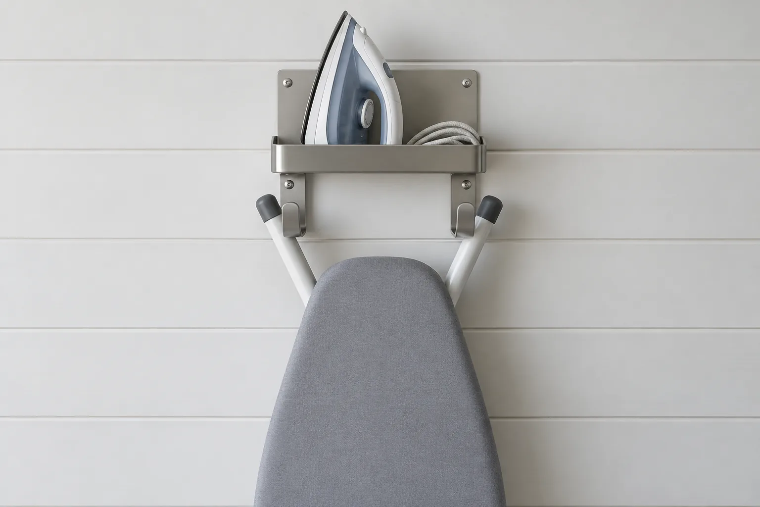 Generic wall-mounted iron and ironing-board organizer with paired adjustable board hooks.