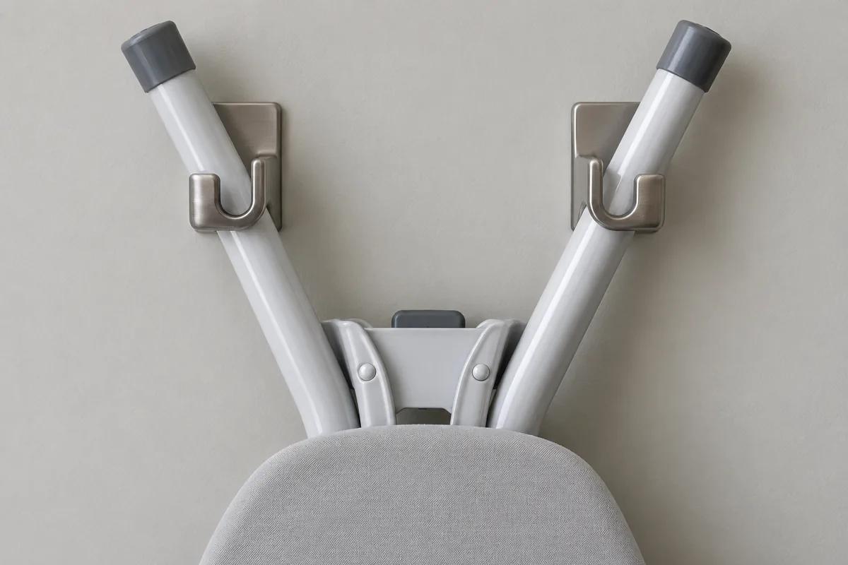Folded ironing-board leg checked against one of two matching wall hanger hooks