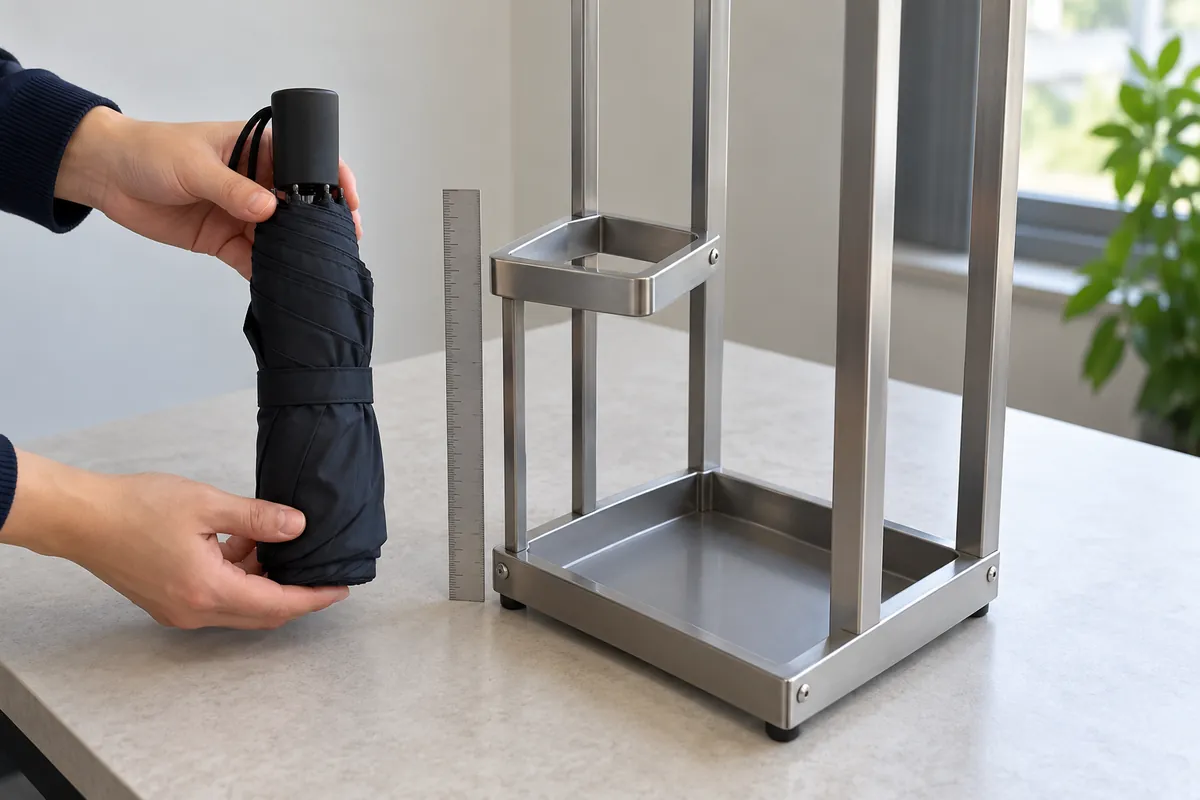 Buyer checks the height and opening of a raised folding-umbrella support on a metal stand sample