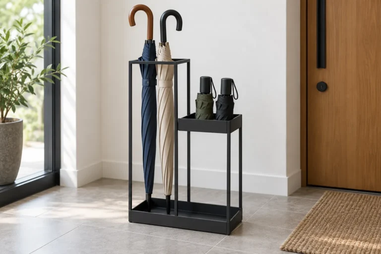 Conceptual metal umbrella stand with a full-height umbrella bay and a separate raised support for compact folding umbrellas