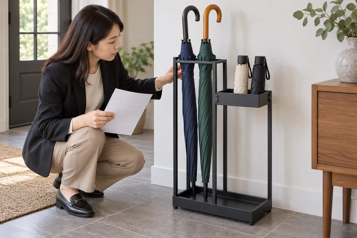 Mixed umbrella stand sample reviewed with long and compact umbrellas in their separate support zones