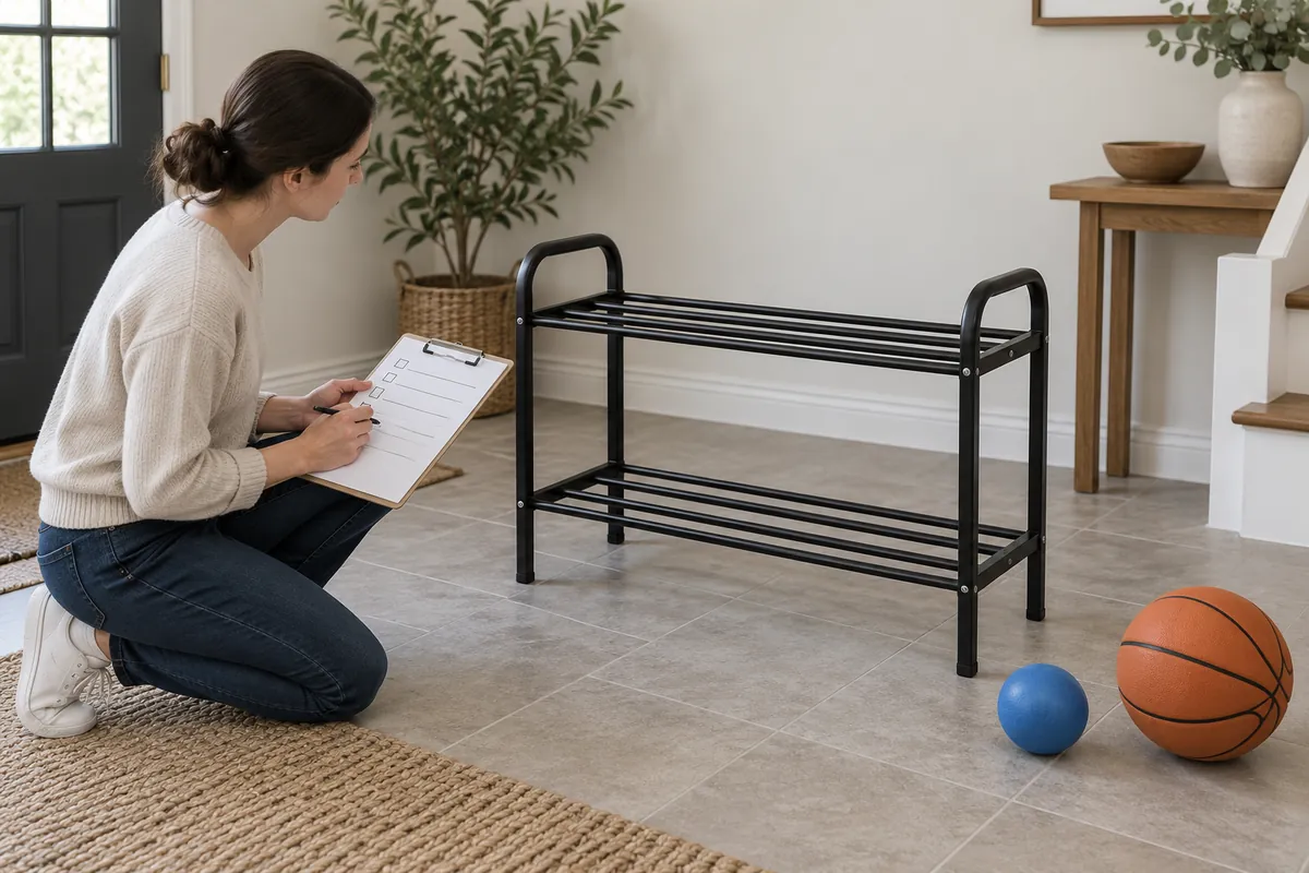 Buyer reviews a blank checklist beside an empty metal ball-rack sample and separate size-reference balls