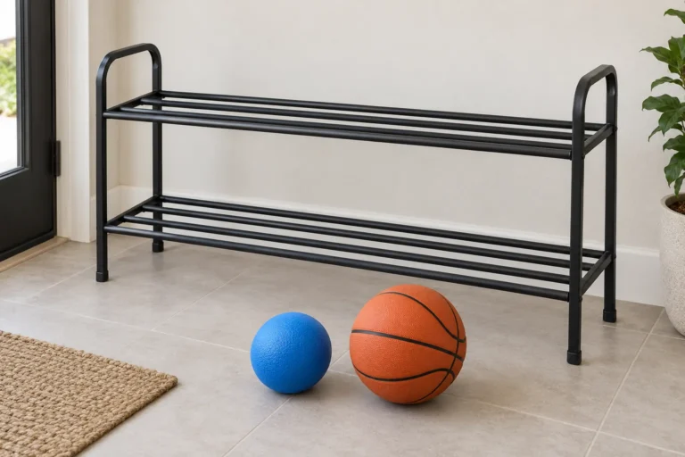 Conceptual empty household metal ball-storage rack with small and large ball samples beside it