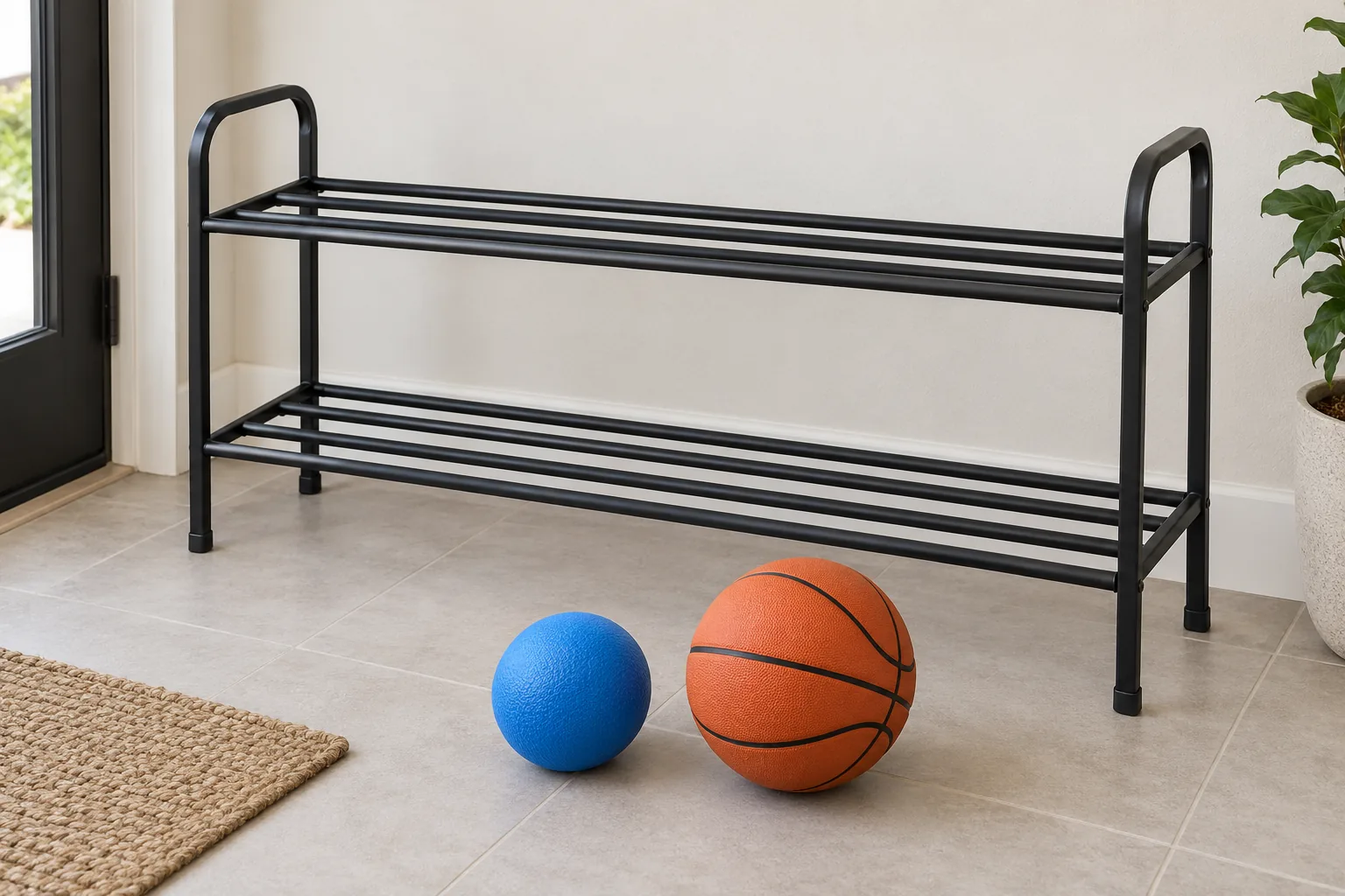 Conceptual empty household metal ball-storage rack with small and large ball samples beside it