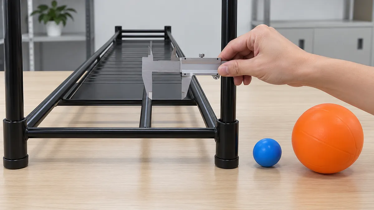 Buyer compares a small and large household ball with the clear gap between rack rails