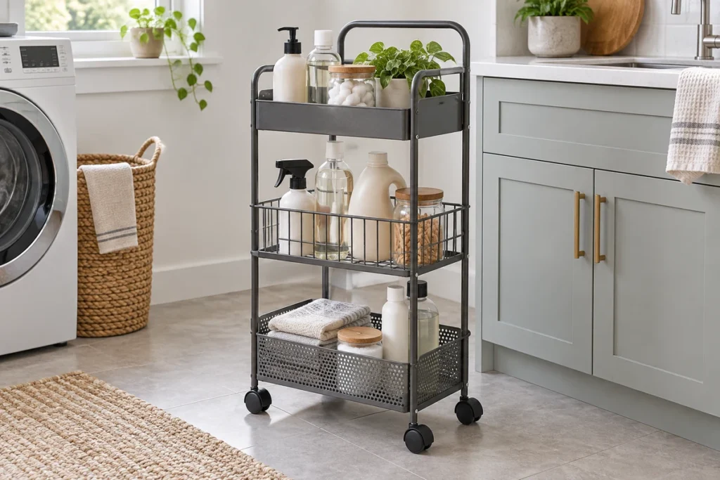 Conceptual narrow rolling metal storage cart with guarded tiers and household bottles and jars