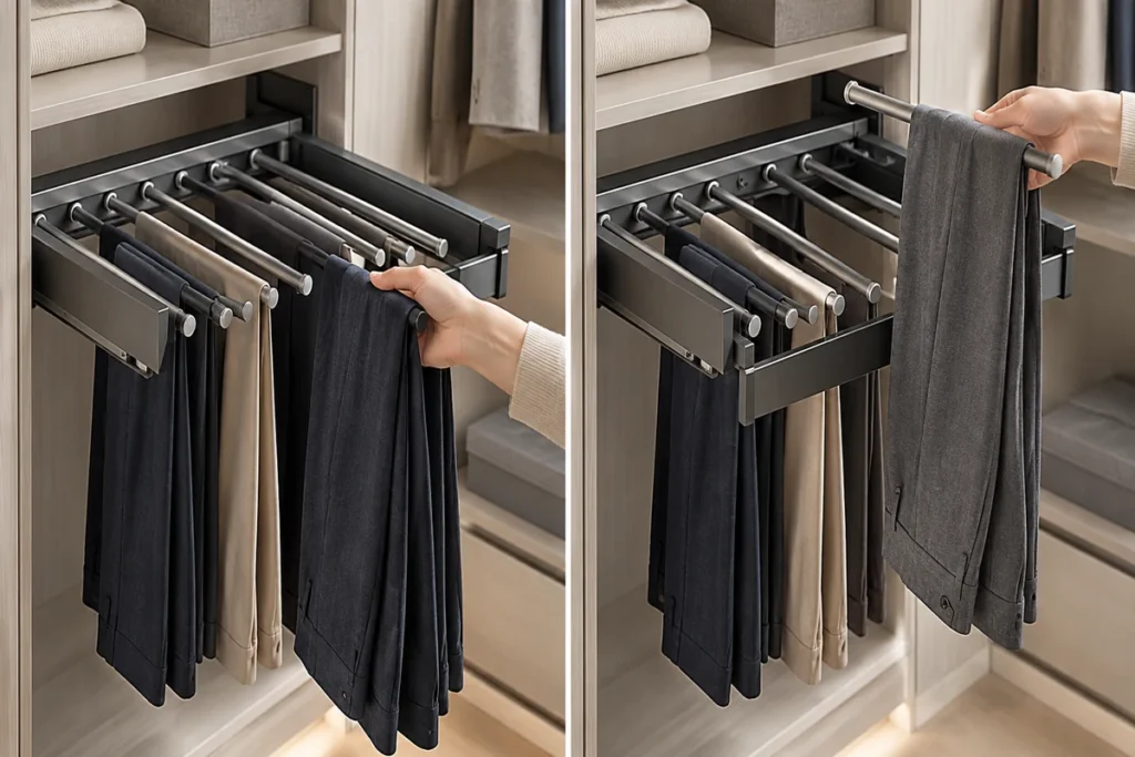 Conceptual wardrobe pullout comparing fixed rods with a rod lifted out together with trousers