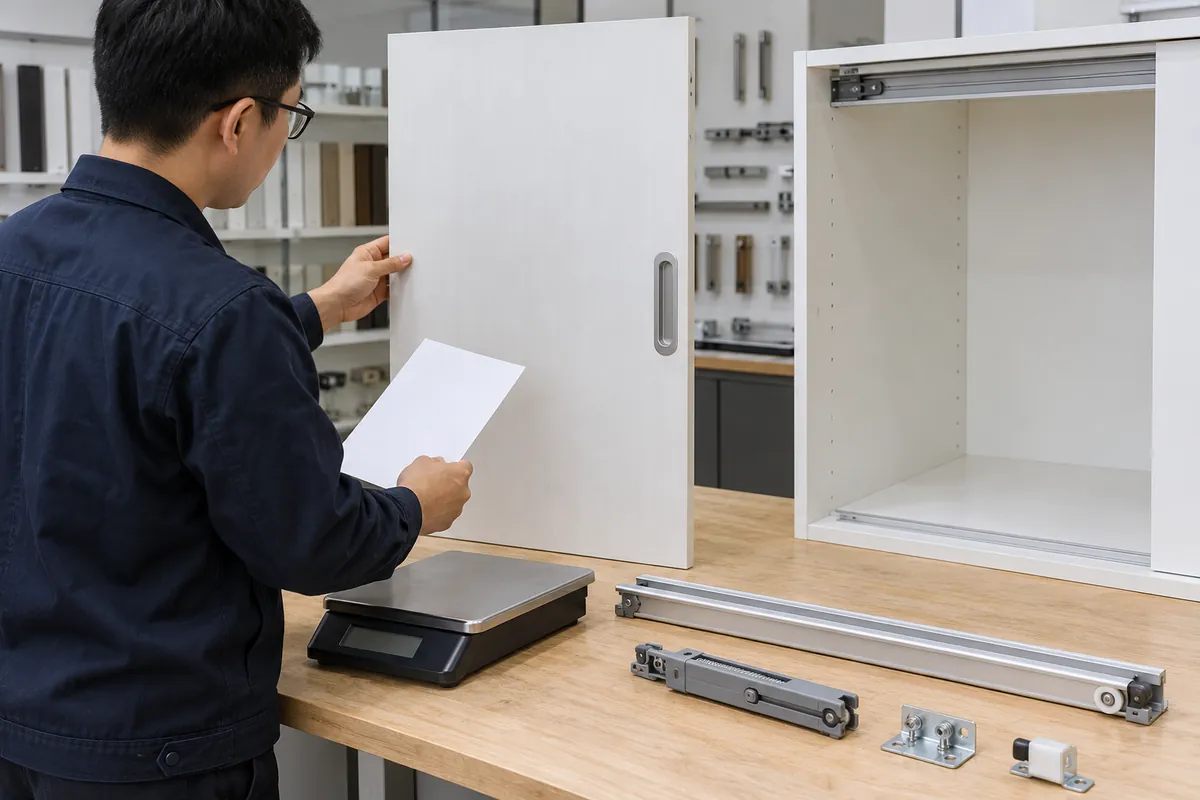 Buyer reviews a cabinet door panel and matching sliding soft-close fitting as an assembled sample