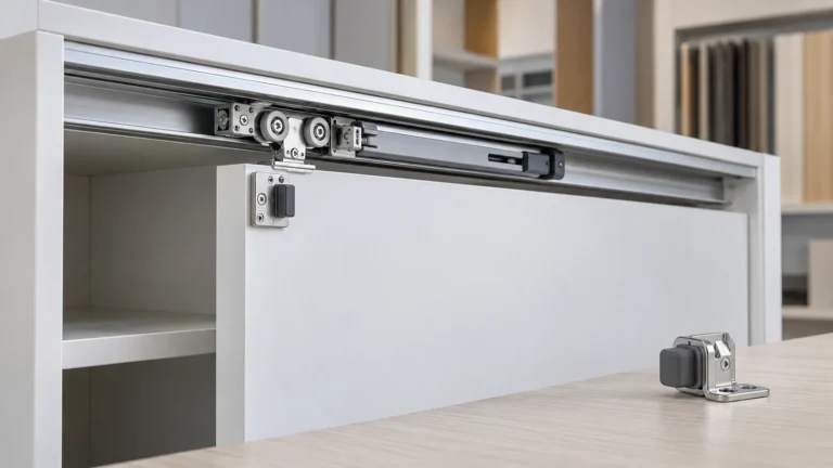 Sliding wardrobe soft-close fitting installed in an aluminum track beside a separate light-door stopper option