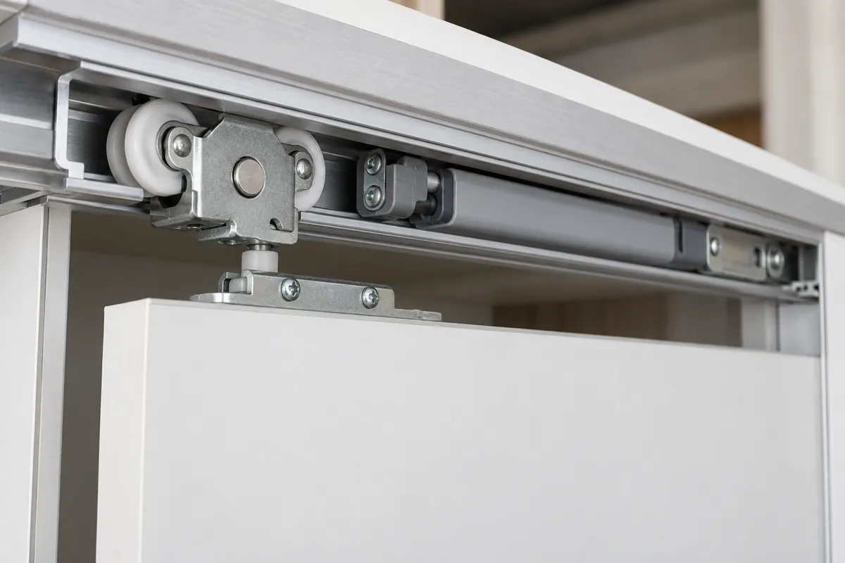 Close-up of a sliding cabinet door trolley, soft-close damper and matching catch aligned in the upper track