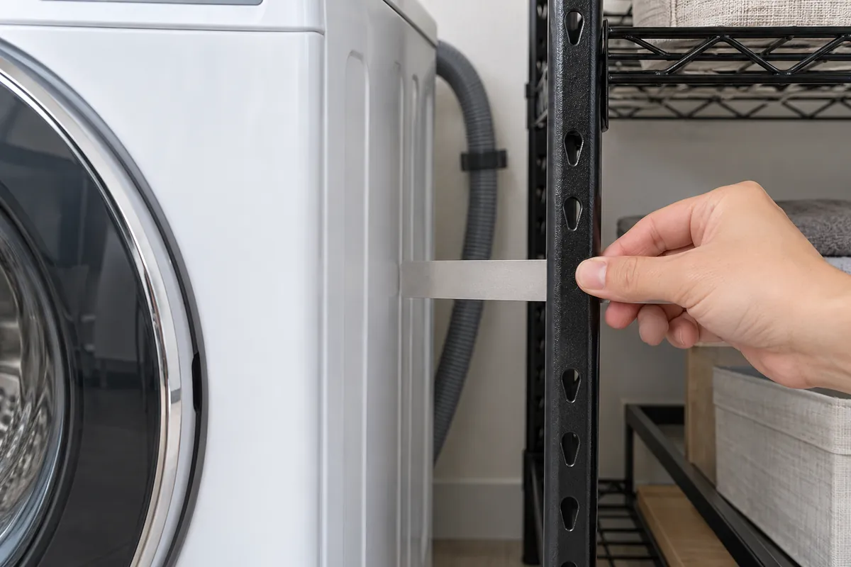 A buyer uses a simple clearance gauge to review the closest point between a washer and metal rack