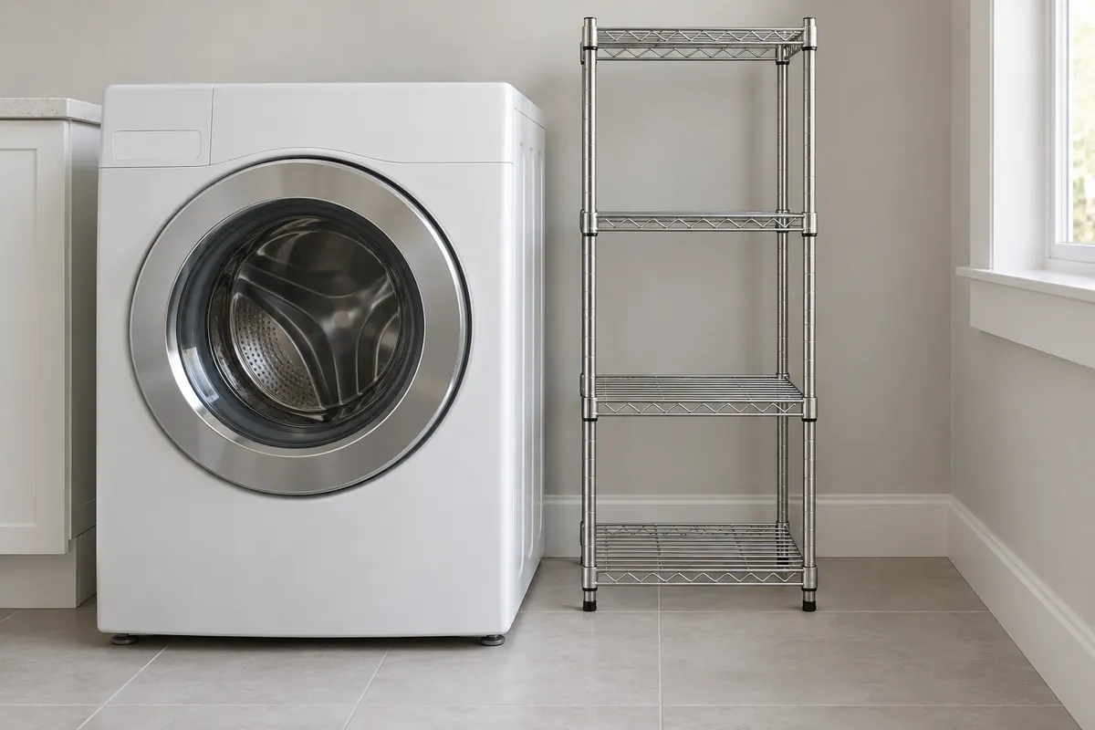 Fully assembled washer and empty metal storage rack positioned separately for a sample fit review