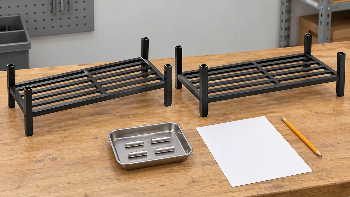 Buyer checks four matching shoe-rack connector pins beside a modular rack assembly and a blank parts checklist