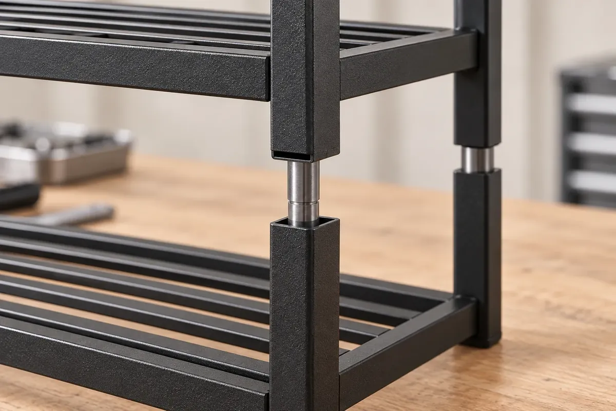Matching connector pin seated between the mating frame features of two modular metal shoe rack sections