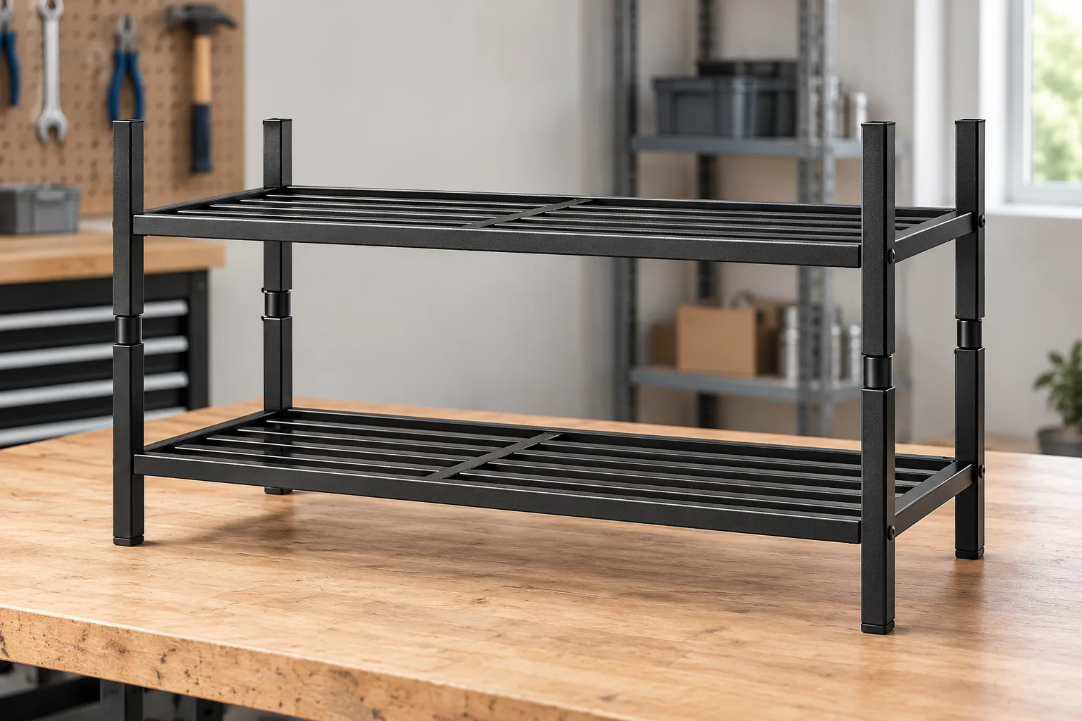 Two modular metal shoe racks stacked using matching connector pins at their frame interfaces.