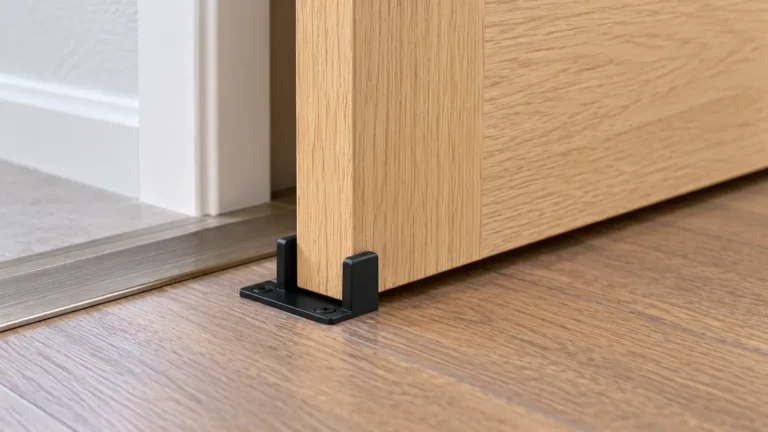Sliding closet door lower guide aligned with the door edge and finished floor threshold in a buyer sample review.