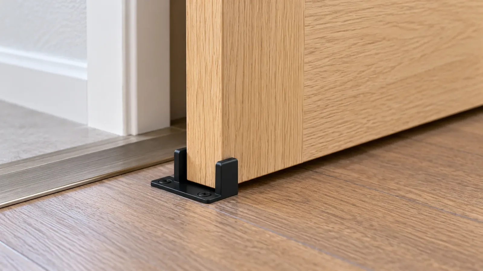 Sliding closet door lower guide aligned with the door edge and finished floor threshold in a buyer sample review.