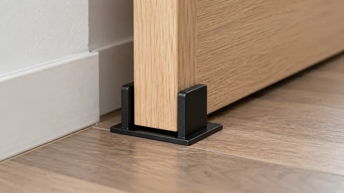 Sliding closet door lower guide aligned with the door edge and finished floor threshold during a sample fit review