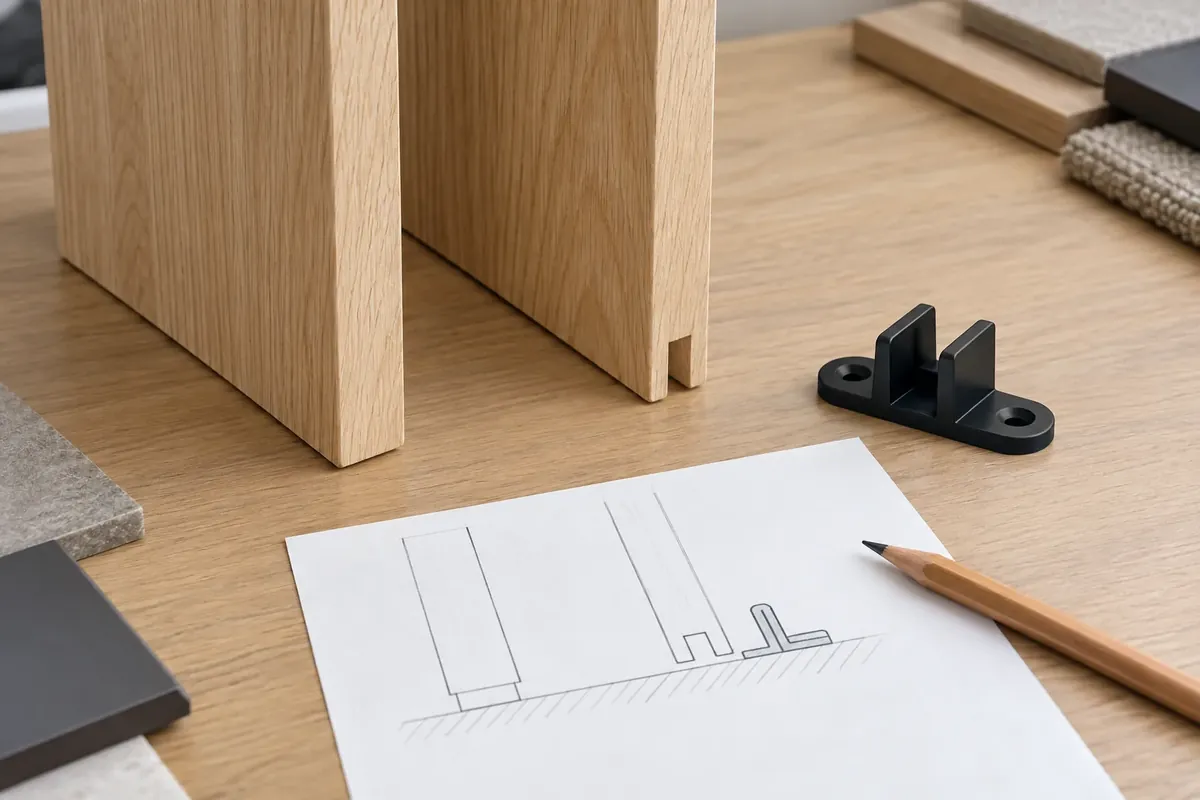 Buyer checks door-edge samples, a sliding-door floor guide and a blank interface drawing before kit approval
