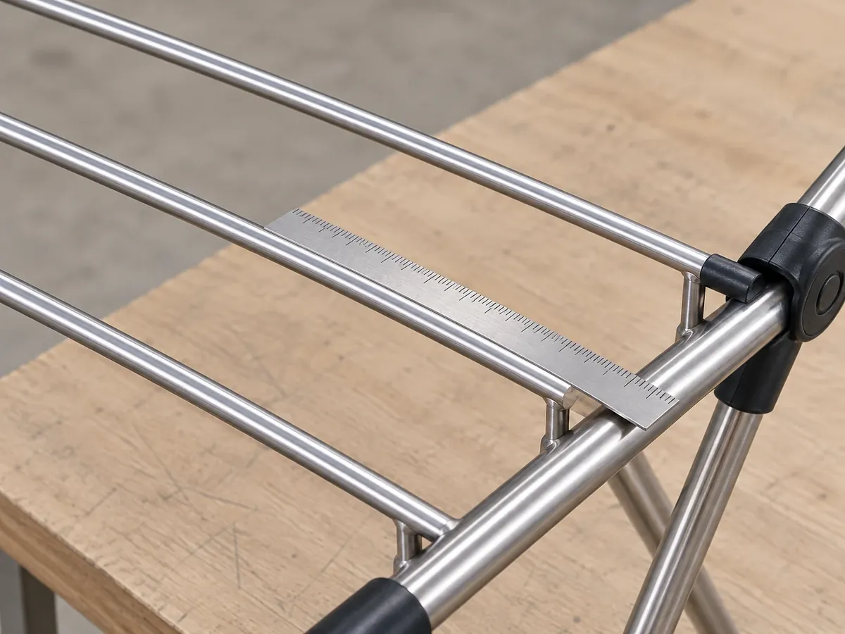 Parallel bars on a metal laundry drying rack shown with garment fabric placed across adjacent bars for a spacing review