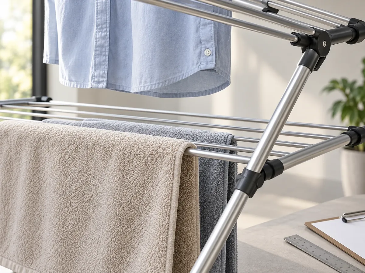 Shirt hem and towel on adjacent tiers of a metal drying rack illustrate vertical clearance for buyer sample review