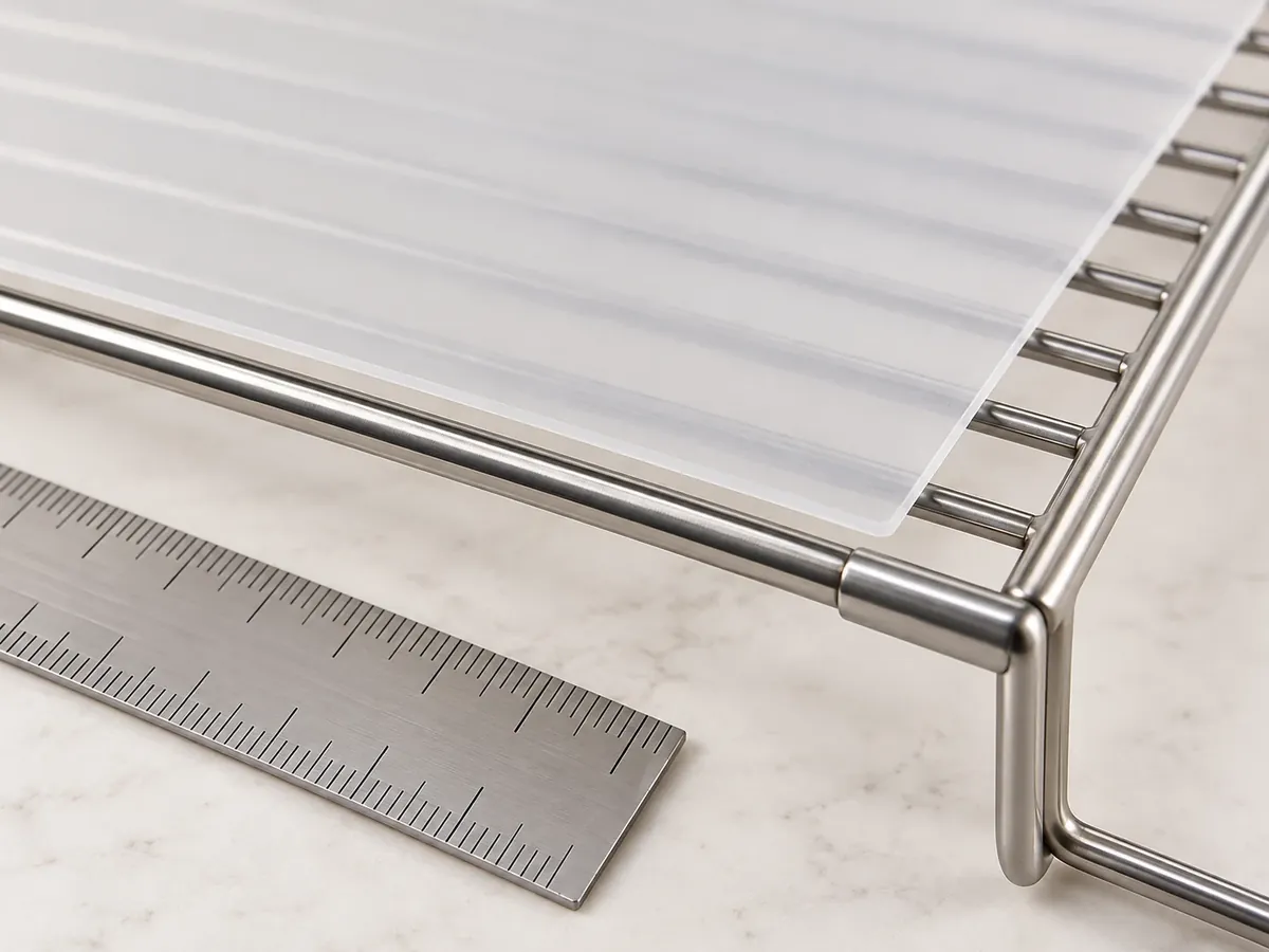 Flat translucent liner positioned over a metal wire shelf edge for a fit and perimeter review