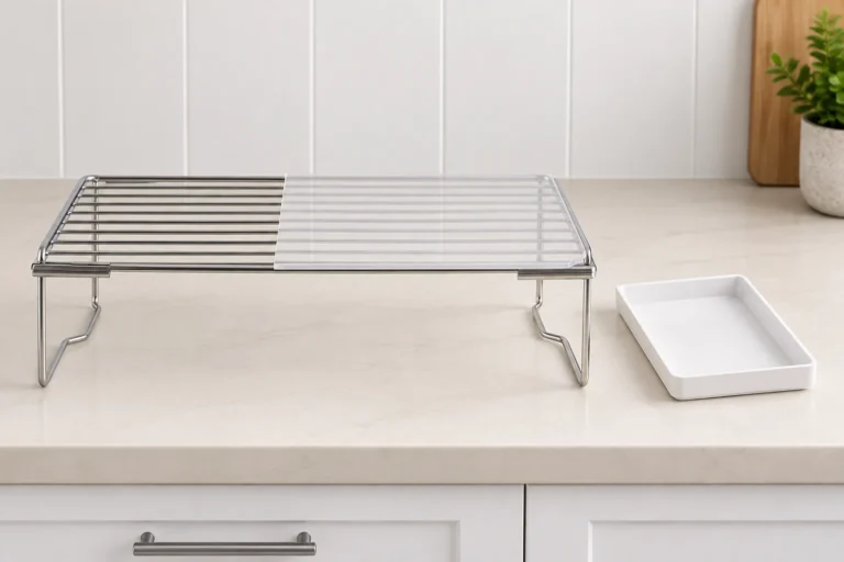 Metal wire shelf shown beside a flat translucent liner and a separate raised-edge tray sample for buyer comparison